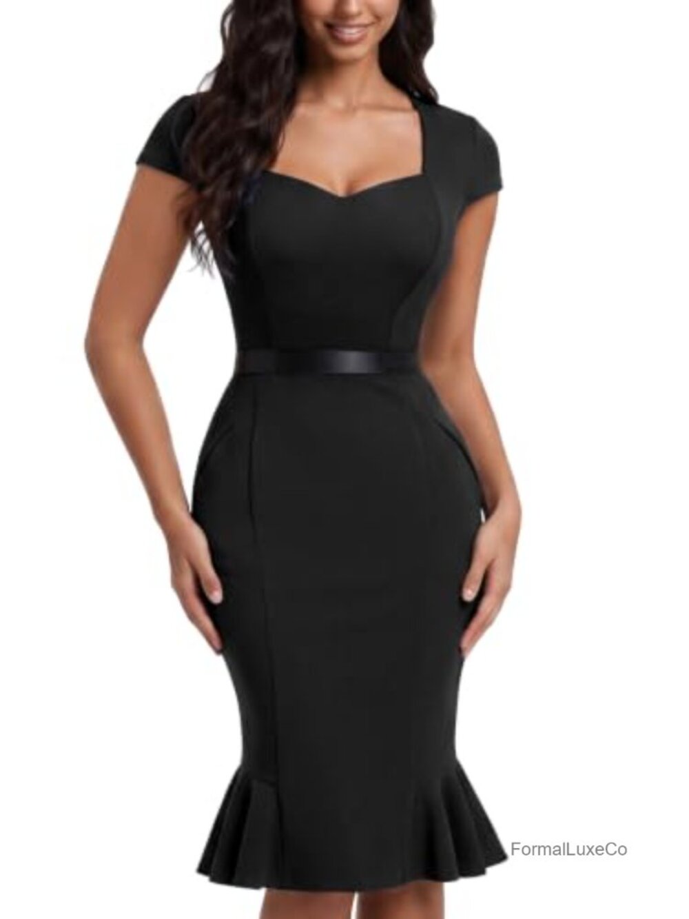 Retro Square Neck Ruffle Hem Cocktail Dress Bodycon Fit